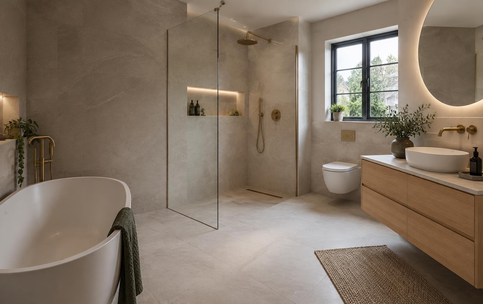 Newly renovated bathroom with tiled walls and a walk in shower