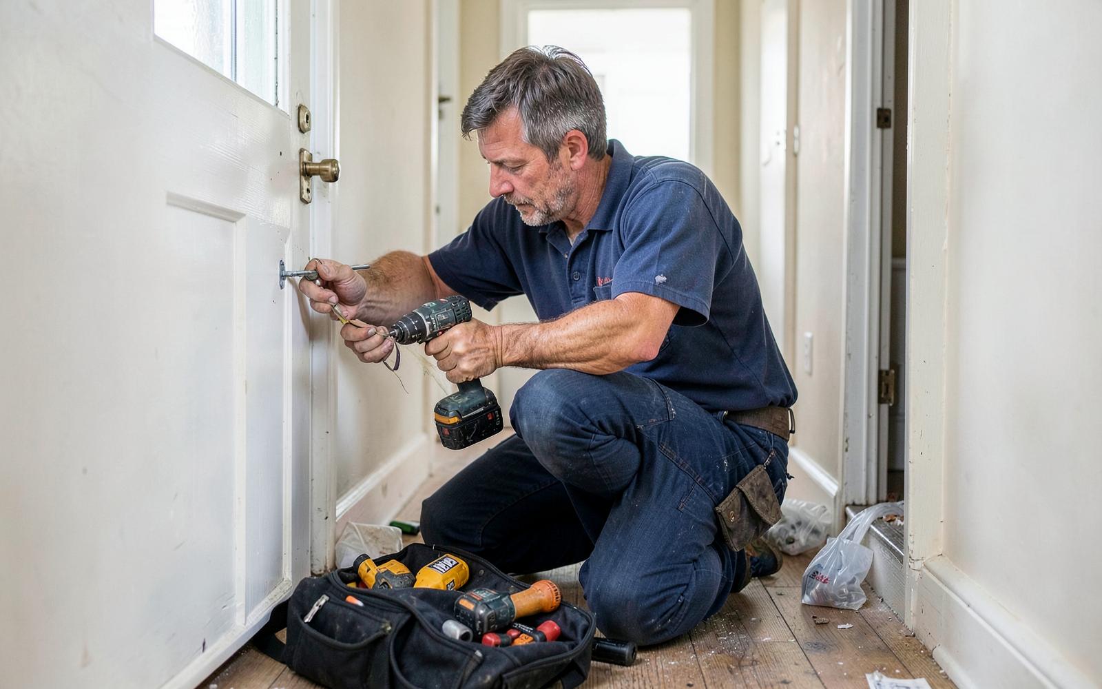 Handyman repairing a door hinge in a hallway