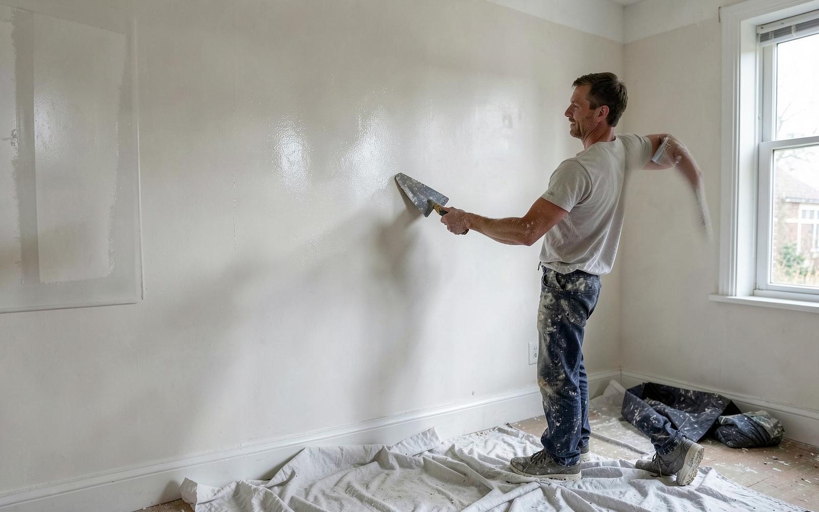 Plasterer skimming a wall smooth with a trowel